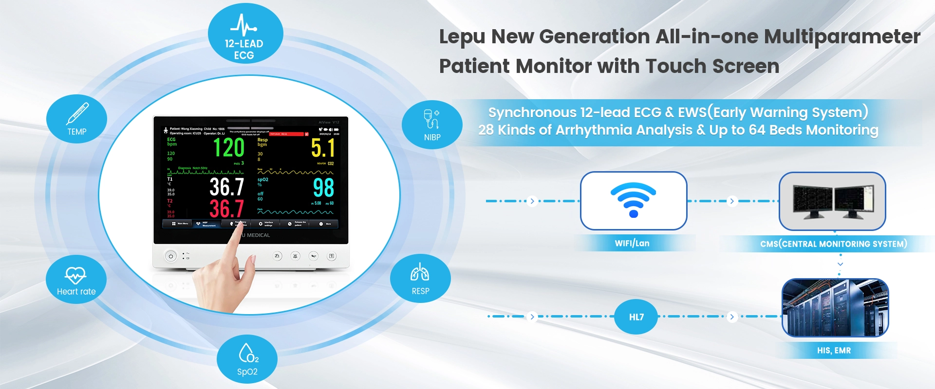 Lepu Medical AiView V12 Портативный универсальный монитор жизненно важных признаков AI Анализ Диагностика Многопараметрический монитор пациента с сенсорным экраном для больницы ОИТ Клинический дом